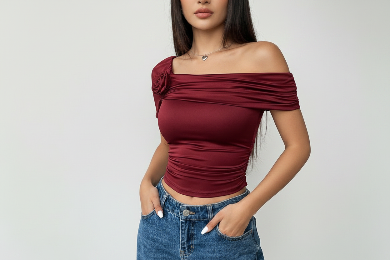Fitted Long Sleeve Rose Top - Burgundy