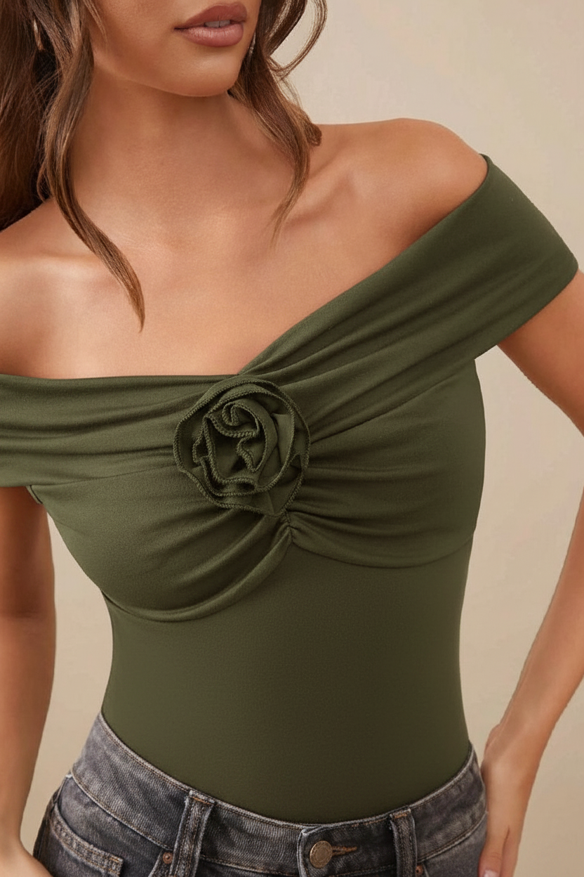 Off-Shoulder Rose Detail Ruched Top - Olive