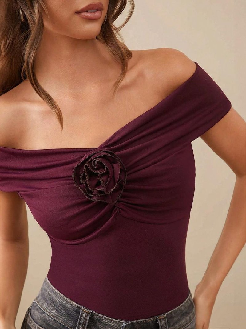 Off-Shoulder Rose Detail Ruched Top in Burgundy